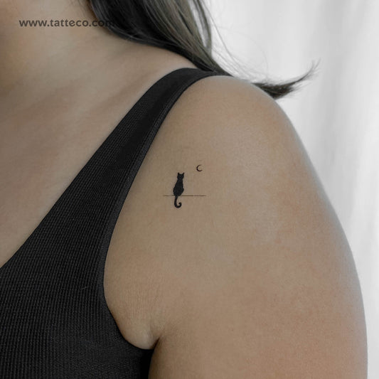 Black Cat Looking at Moon Temporary Tattoo - Set of 3