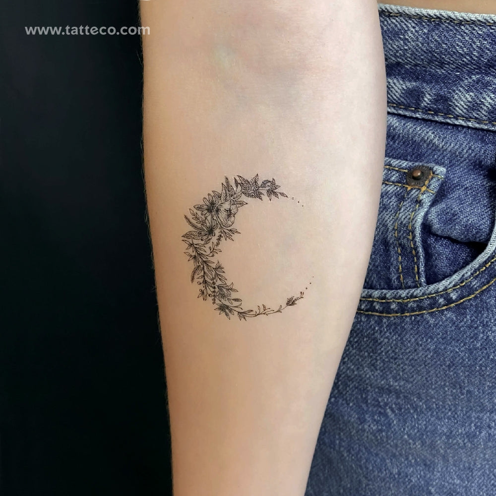 Crescent Moon with Flowers Tattoo Design