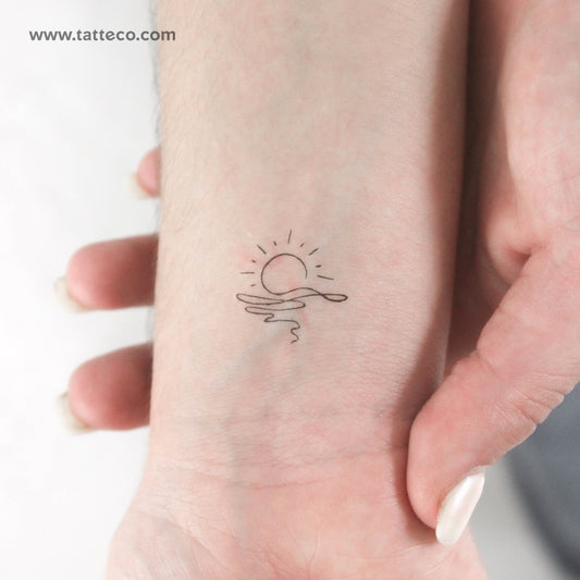 Continuous Line Sea Sunset Temporary Tattoo - Set of 3