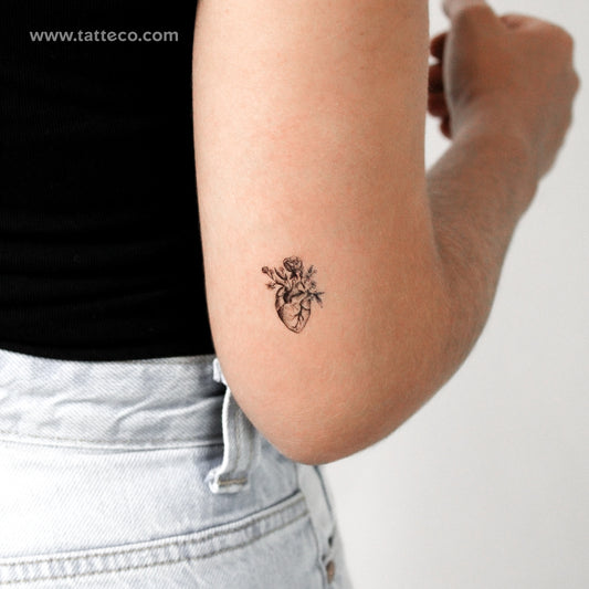Tatuaje temporal de corazón anatómico con flores (juego de 3)