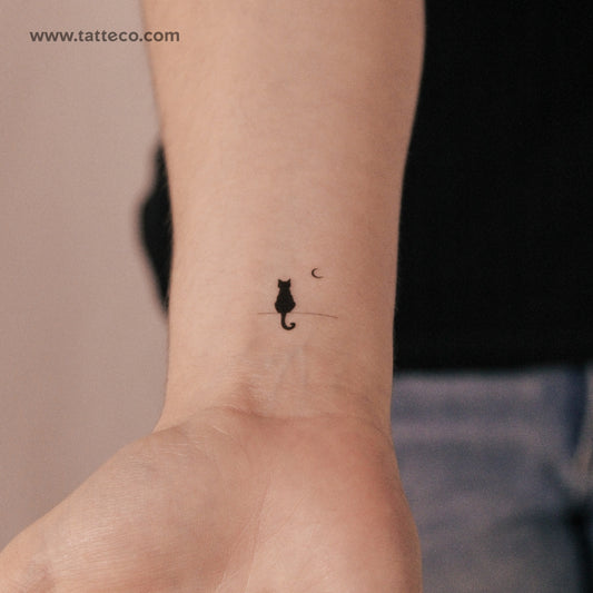 Black Cat Looking At The Moon Semi-Permanent Tattoo - Set of 2