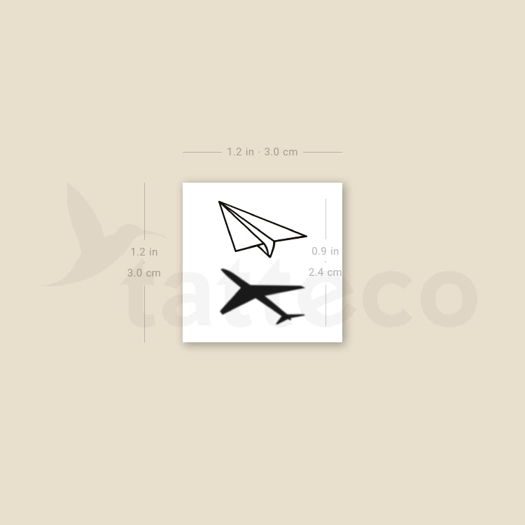 Paper Plane and Airplane Shadow Temporary Tattoo - Set of 3