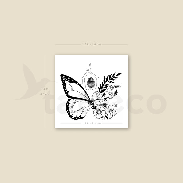 Butterfly Flower Woman Temporary Tattoo - Set of 3