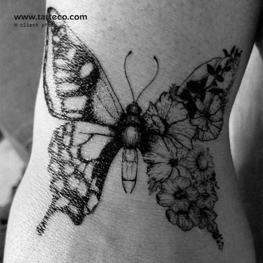 Tatuaje temporal mitad mariposa mitad flor - Juego de 3