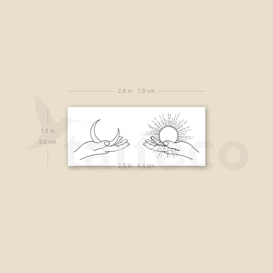 Tatuaje temporal de mano sosteniendo el sol y la luna (juego de 3)