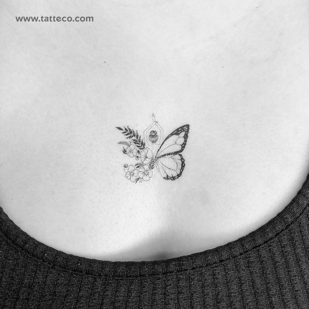 Butterfly Flower Woman Temporary Tattoo - Set of 3