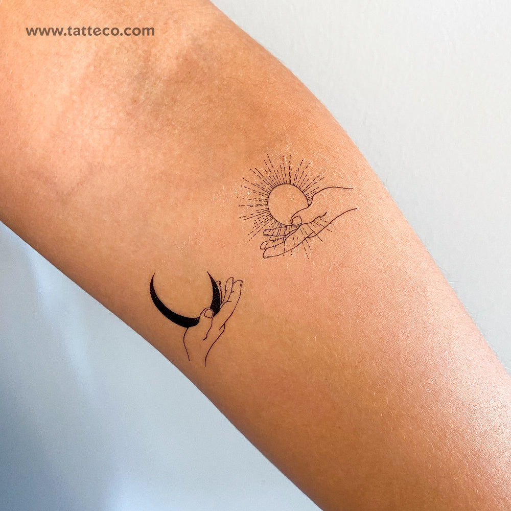 Hands Holding Moon And Sun Temporary Tattoo - Set of 3