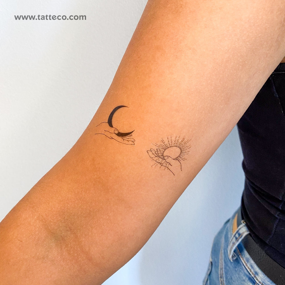 Hands Holding Moon And Sun Temporary Tattoo - Set of 3