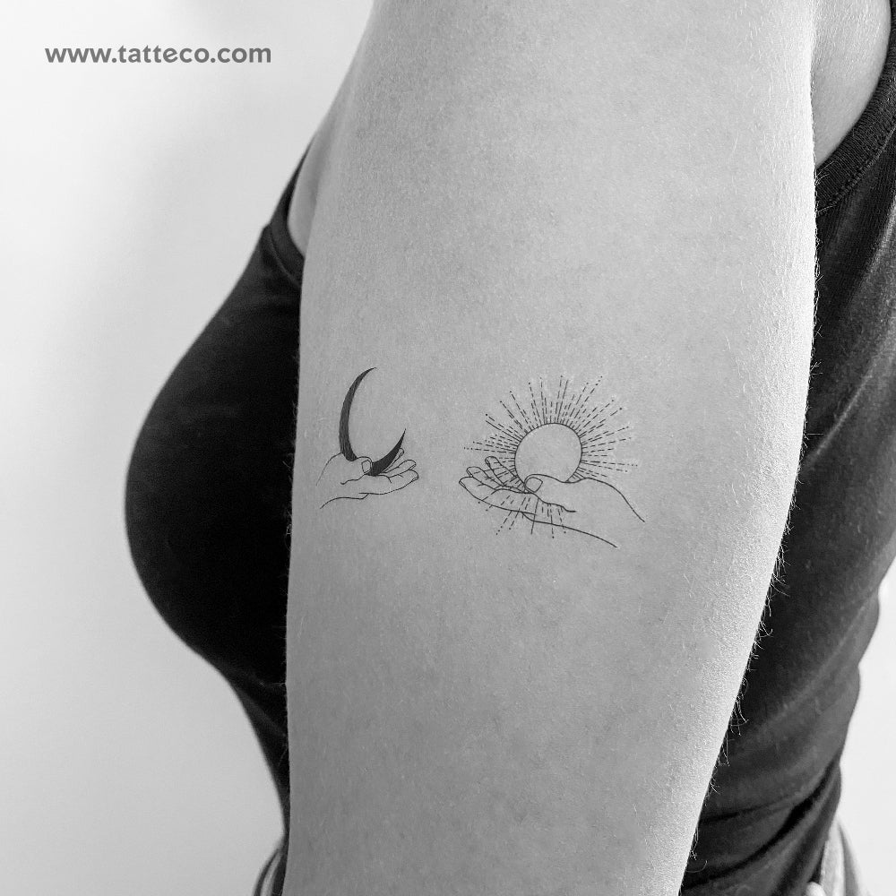 Hands Holding Moon And Sun Temporary Tattoo - Set of 3