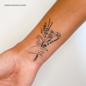 Hand Holding Flowers Temporary Tattoo - Set of 3