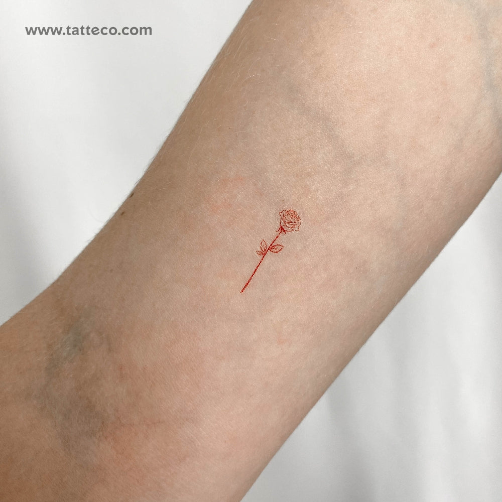 Small Fine Line Red Rose Temporary Tattoo