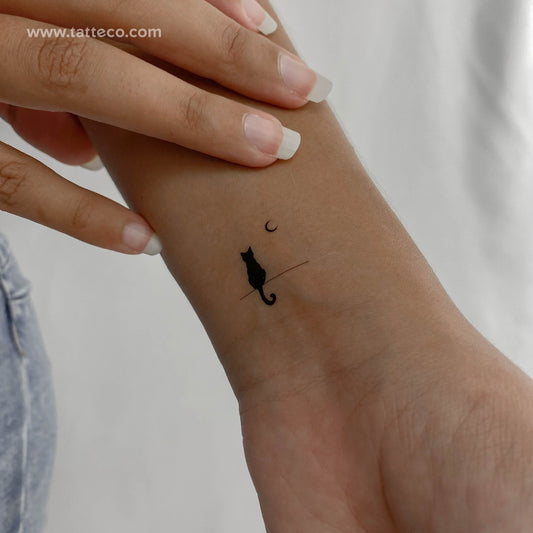 Black Cat Looking at Moon Temporary Tattoo - Set of 3
