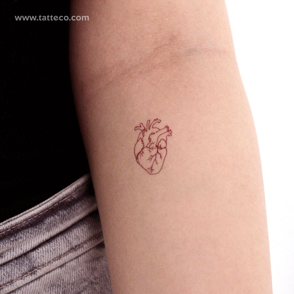 Fine Line Red Anatomical Heart Temporary Tattoo - Set of 3