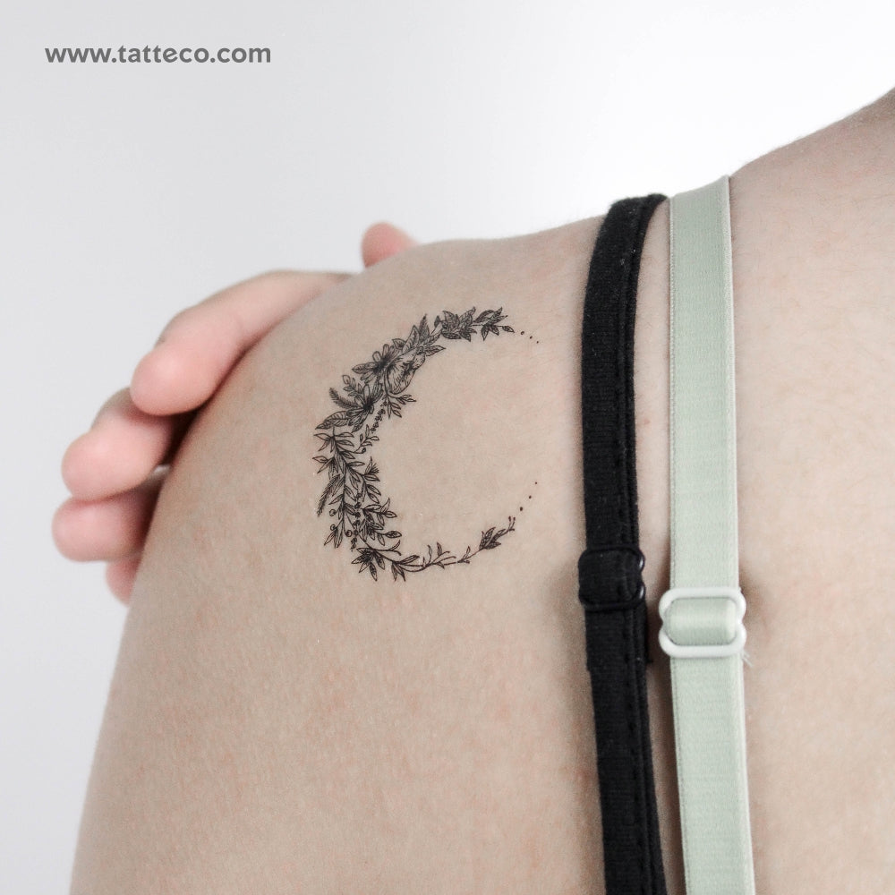 Crescent Moon with Flowers Tattoo Design