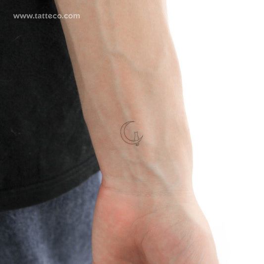 Tatuaje temporal de una sola línea de gato en la luna (juego de 3)