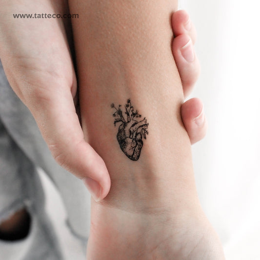 Tatuaje temporal de corazón anatómico floral (juego de 3)