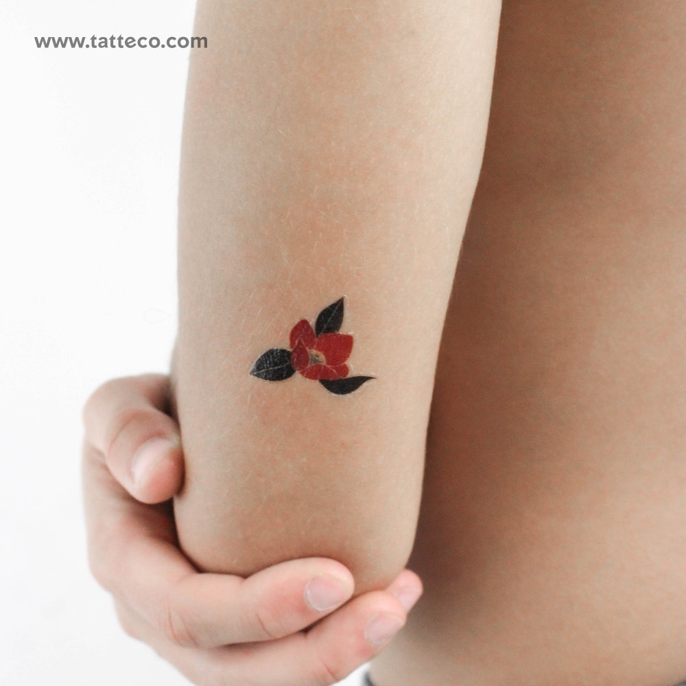 Red Camellia By ZIhee Temporary Tattoo - Set of 3