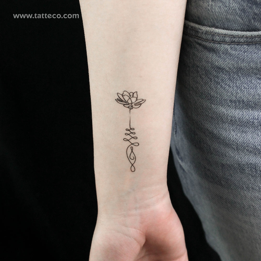 Continuous Line Lotus Unalome Temporary Tattoo - Set of 3