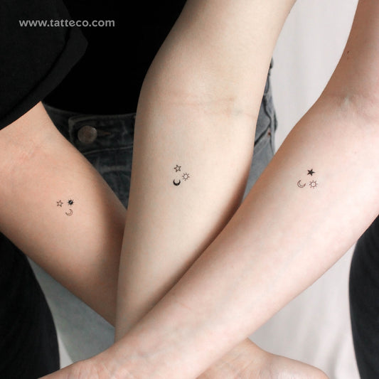 Tatuaje temporal a juego de sol, luna y estrella (juego de 3)