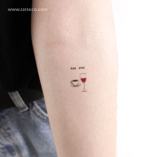 Small AM Coffee PM Wine Temporary Tattoo - Set of 3