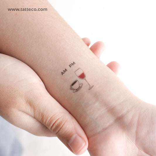 Small AM Coffee PM Wine Temporary Tattoo - Set of 3