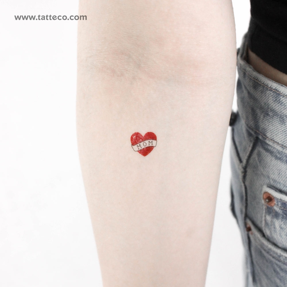 Small Heart with Mom Banner Temporary Tattoo - Set of 3