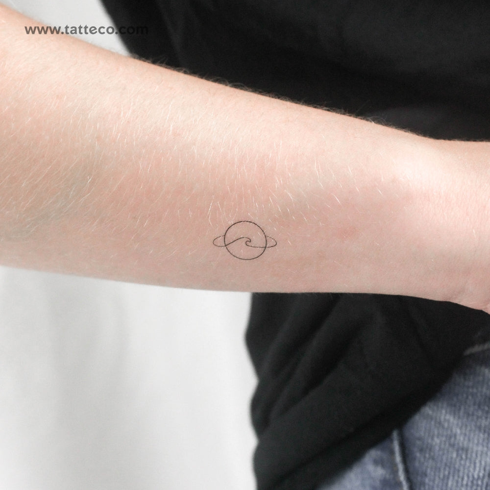 Tatuaje temporal minimalista de Saturno y Ola - Juego de 3
