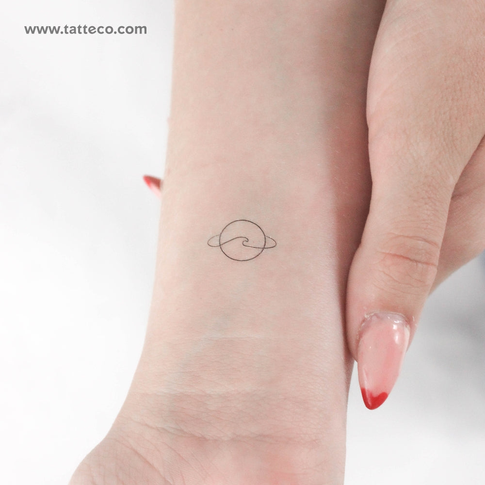 Tatuaje temporal minimalista de Saturno y Ola - Juego de 3