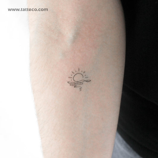 Continuous Line Sea Sunset Temporary Tattoo - Set of 3