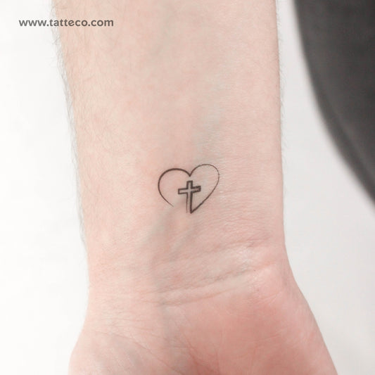 Tatuaje temporal de una sola línea de corazón y cruz (juego de 3)