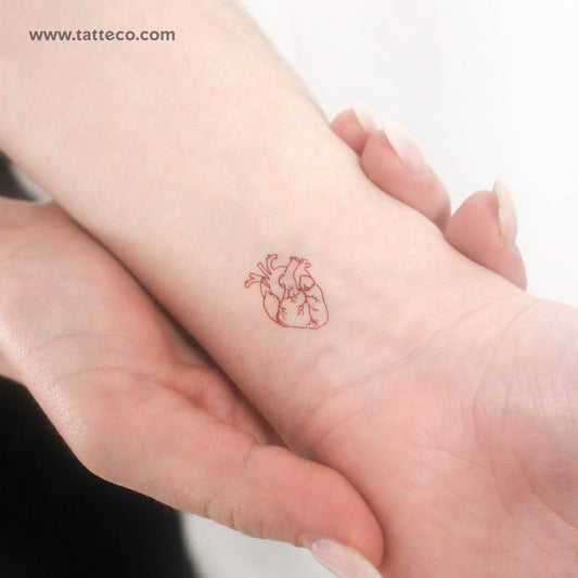 Tatuaje temporal pequeño de corazón anatómico rojo (juego de 3)