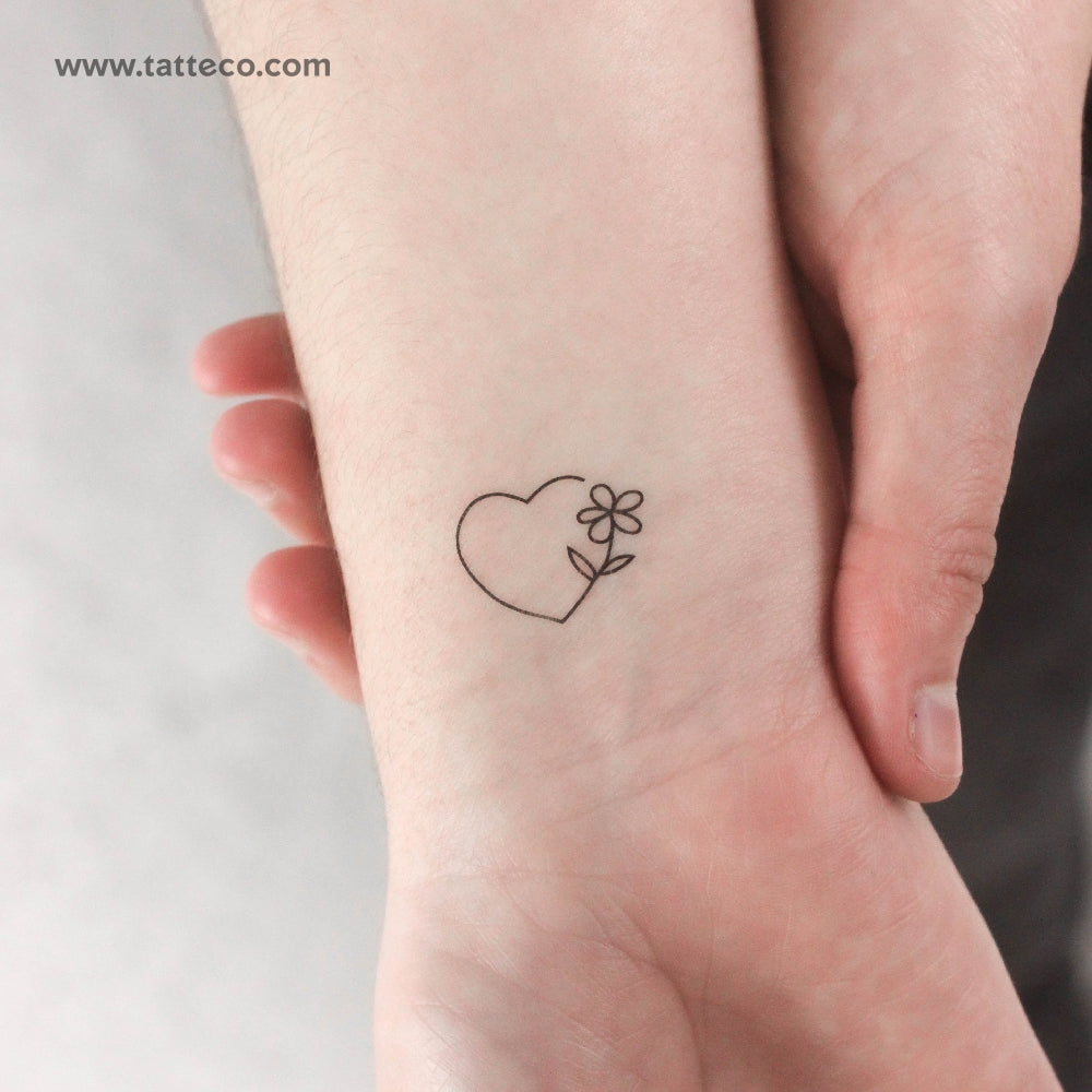 Tatuaje temporal minimalista de corazón y flor (juego de 3)