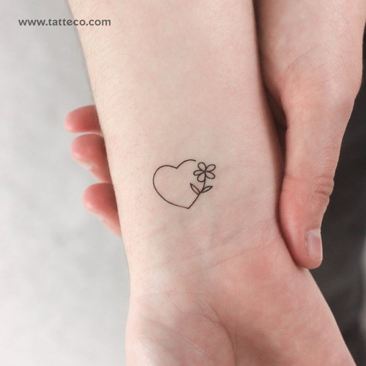 Tatuaje temporal minimalista de corazón y flor (juego de 3)