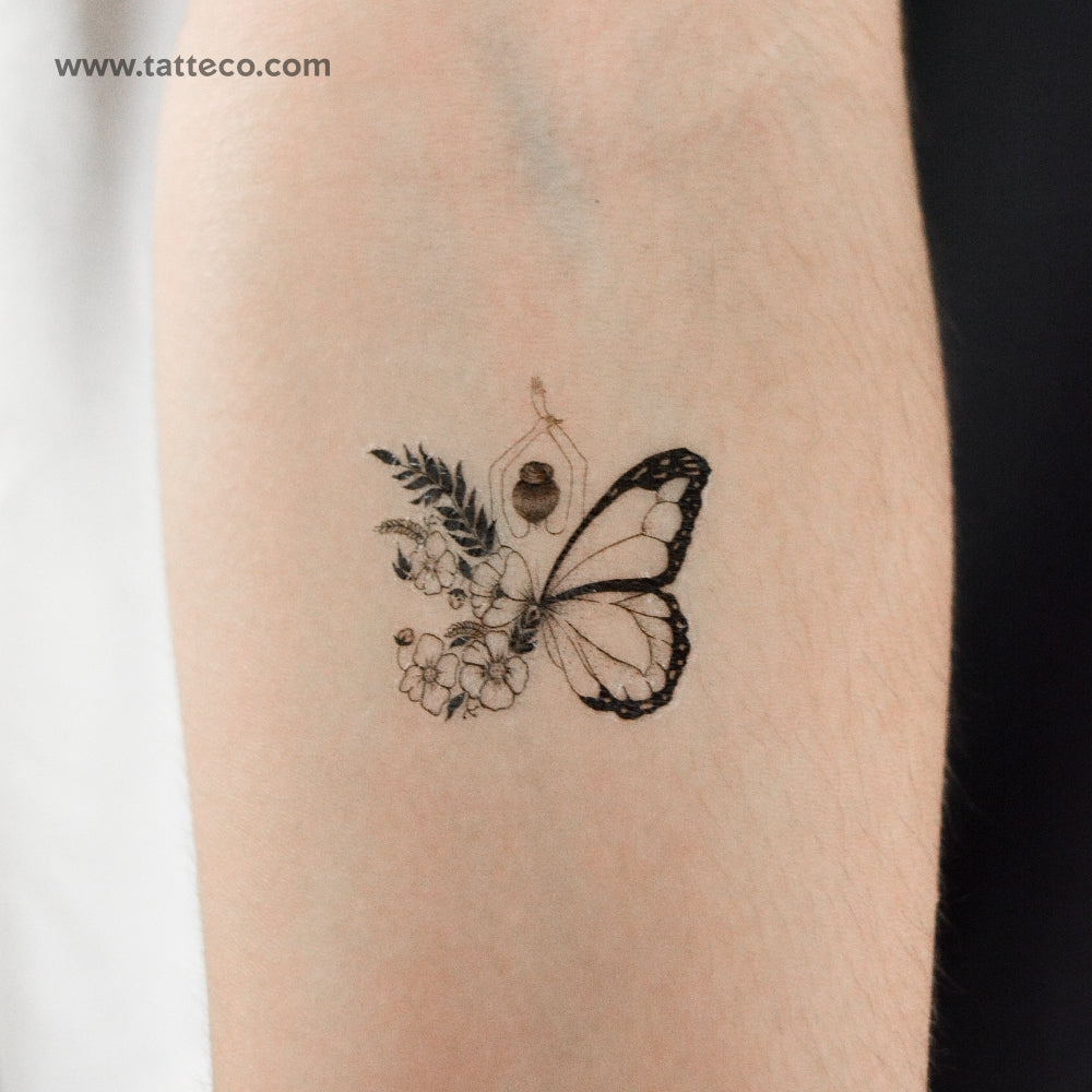 Butterfly Flower Woman Temporary Tattoo - Set of 3