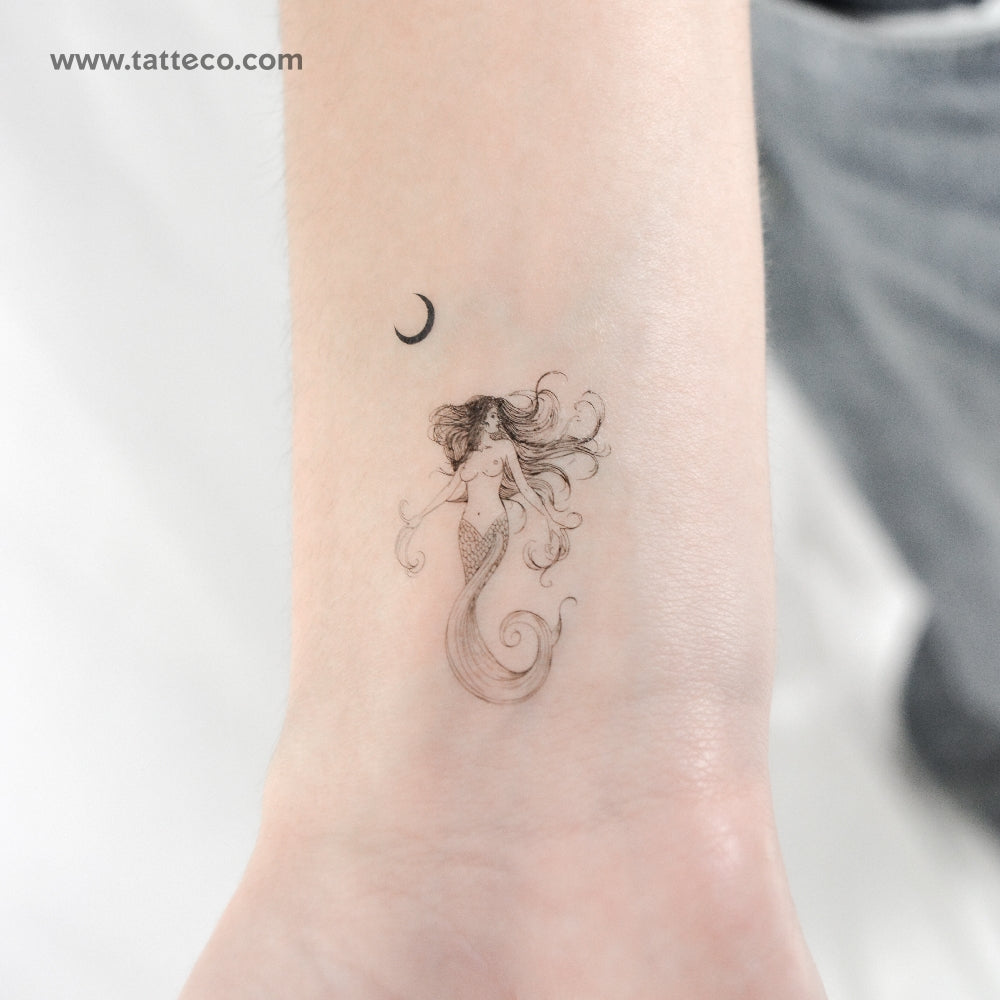 Mermaid And Half Moon Temporary Tattoo - Set of 3