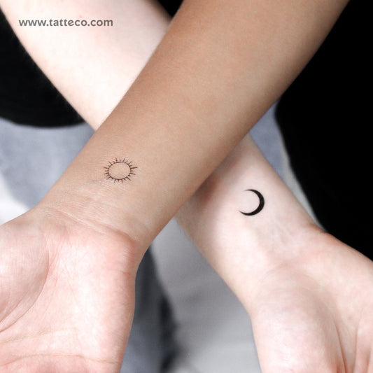 Tatuaje temporal minimalista de sol y luna a juego (juego de 3)