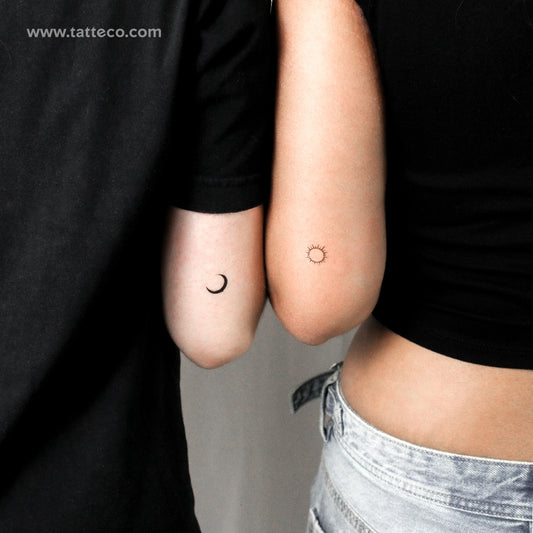 Tatuaje temporal minimalista de sol y luna a juego (juego de 3)