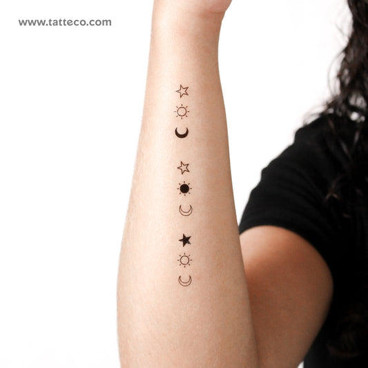 Tatuaje temporal a juego de sol, luna y estrella (juego de 3x3)