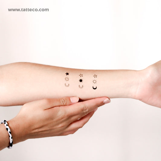 Tatuaje temporal a juego de sol, luna y estrella (juego de 3x3)