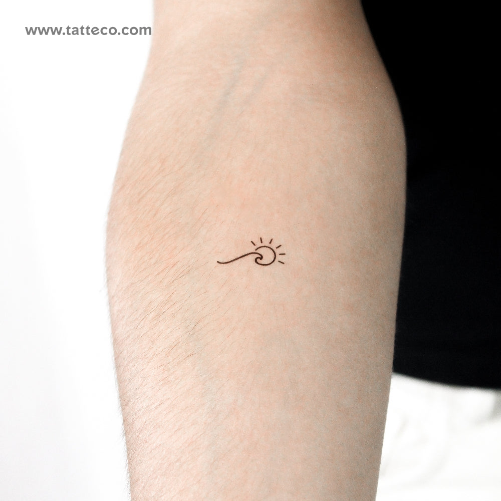 Small Minimalist Wave and Sun Temporary Tattoo - Set of 3