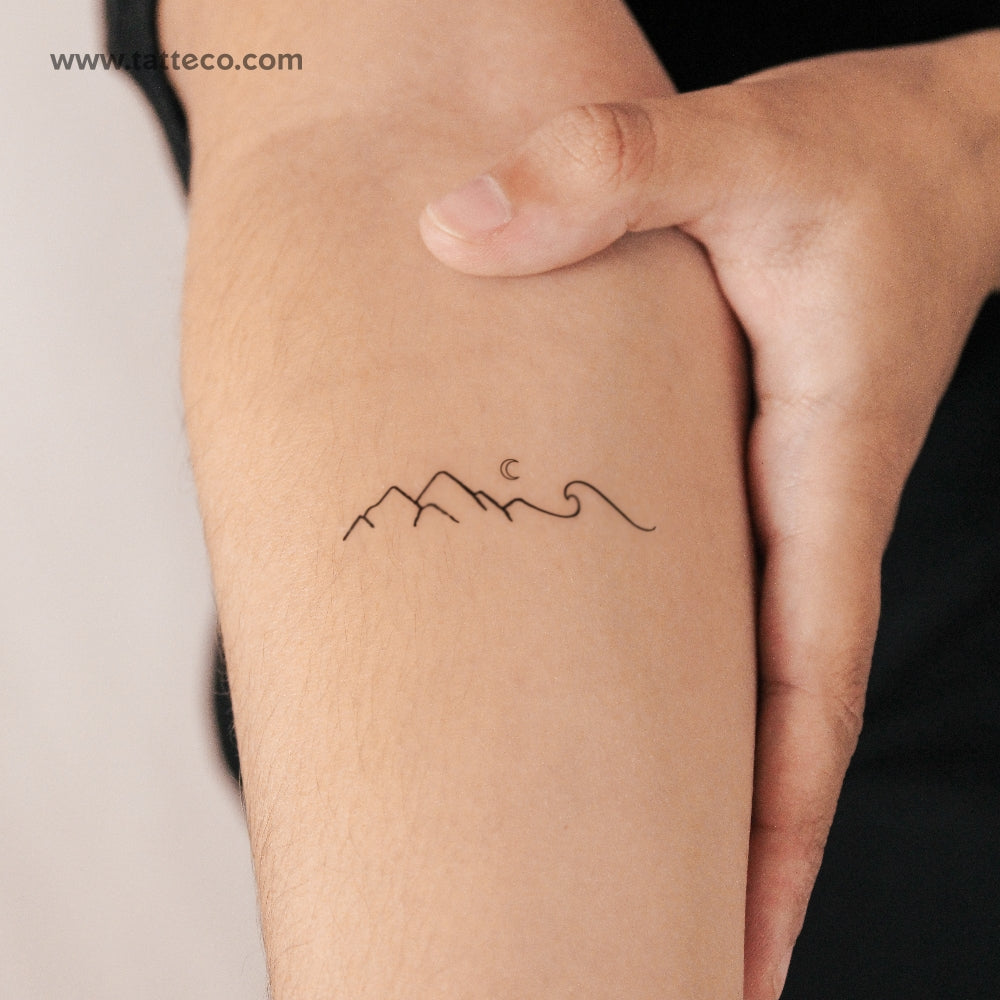 Tatuaje semipermanente de montaña y ola - Juego de 2