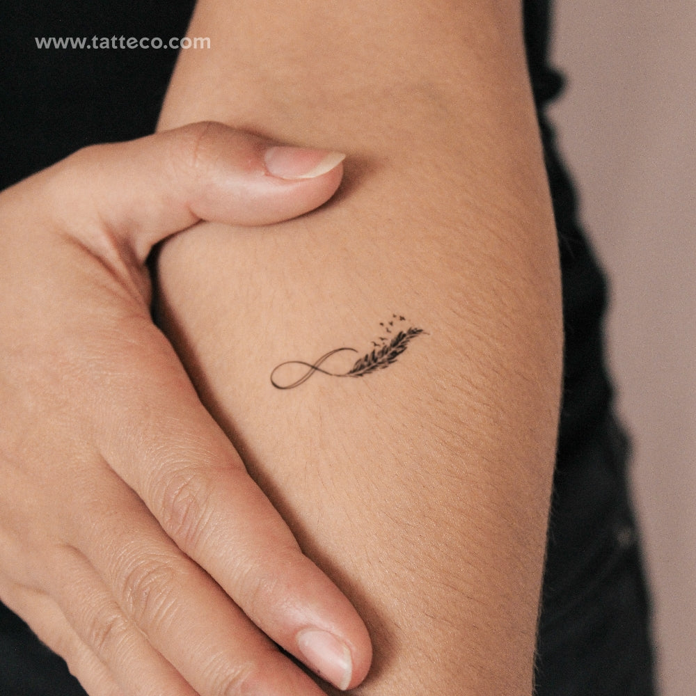 Tatuaje semipermanente de pluma con símbolo de infinito (juego de 2)