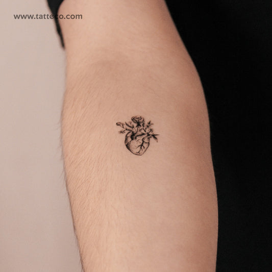 Tatuaje temporal de corazón anatómico con flores (2 semanas) - Set de 2