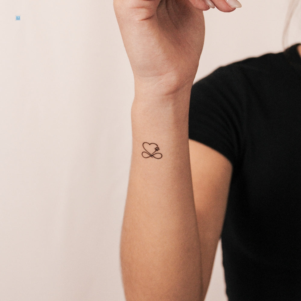 Tatuaje semipermanente de huella de perro con forma de corazón infinito (juego de 2)