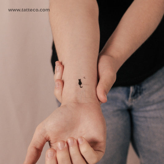 Tatuaje semipermanente de gato negro mirando a la luna (juego de 2)