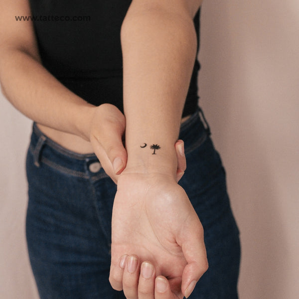 Tatuaje semipermanente pequeño de palmera y media luna de Carolina del Sur (juego de 2)