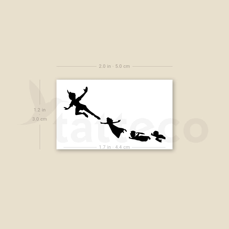 Tatuaje temporal de Peter Pan, Wendy, Michael y John volando (juego de 3)