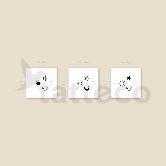 Tatuaje temporal a juego de sol, luna y estrella (juego de 3)