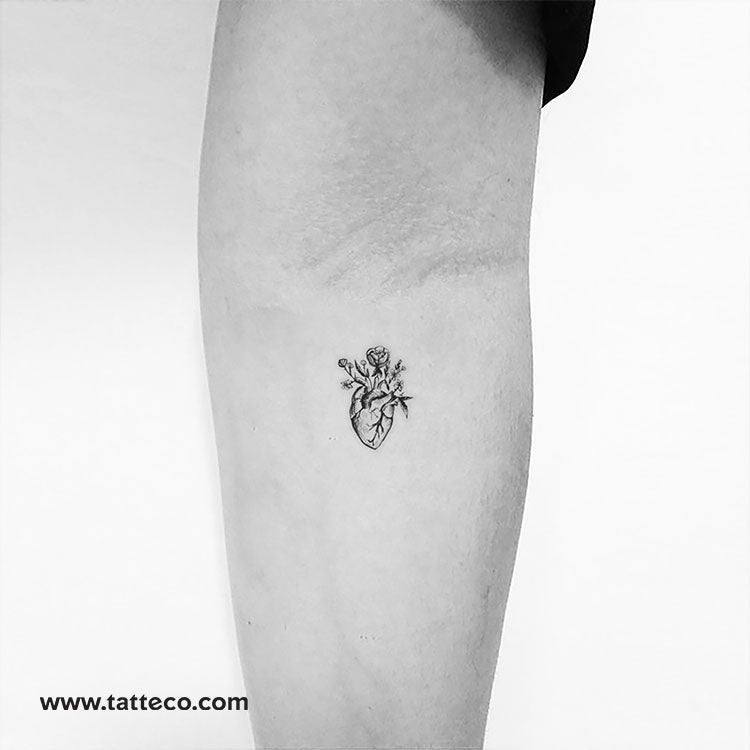 Anatomical Heart With Flowers Temporary Tattoo - Set of 3