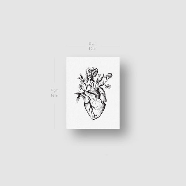 Anatomical Heart With Flowers Temporary Tattoo - Set of 3